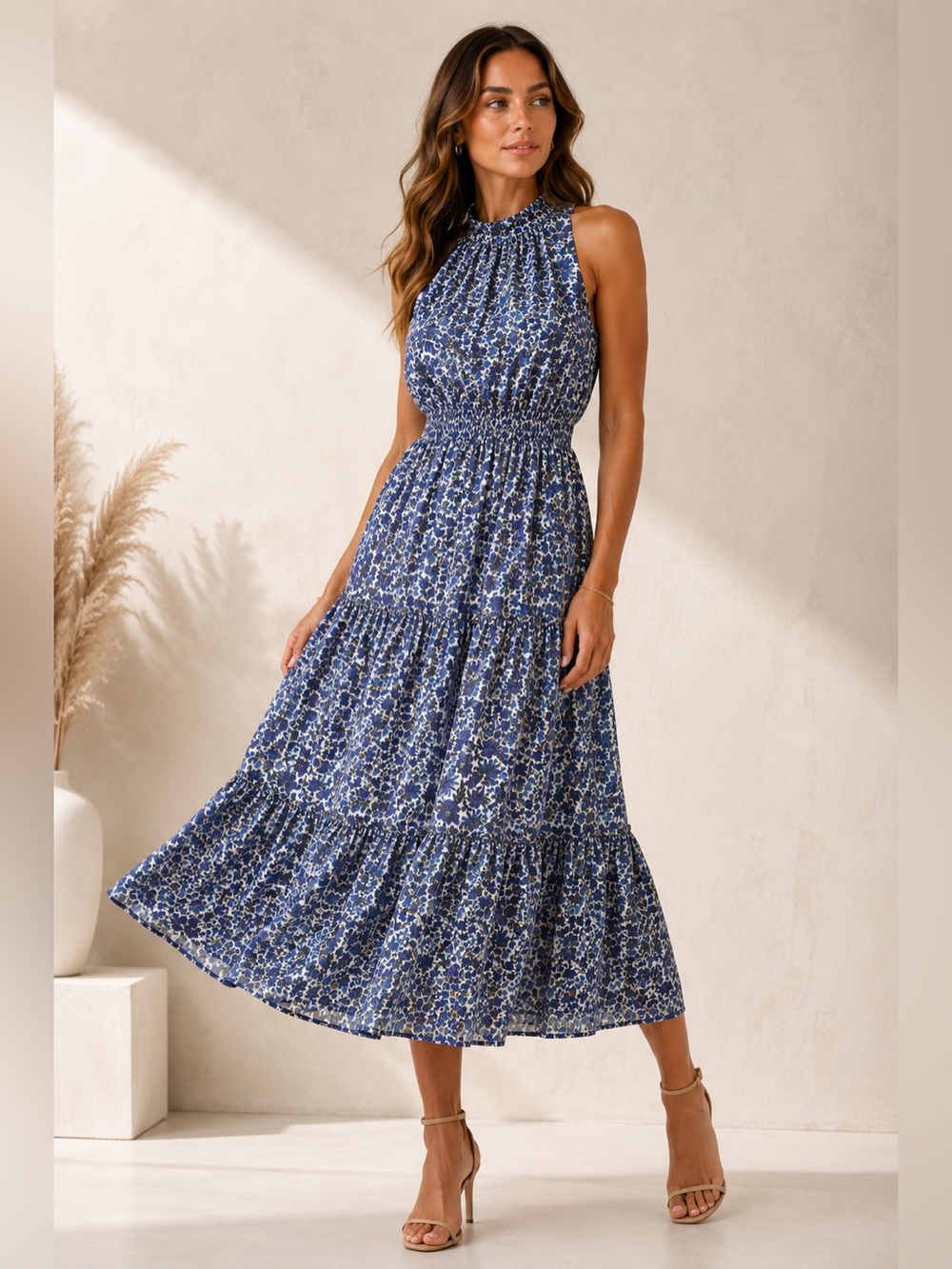 NWT Sam Edelman Blue Floral Tiered Midi Dress Tie Neck Size 4